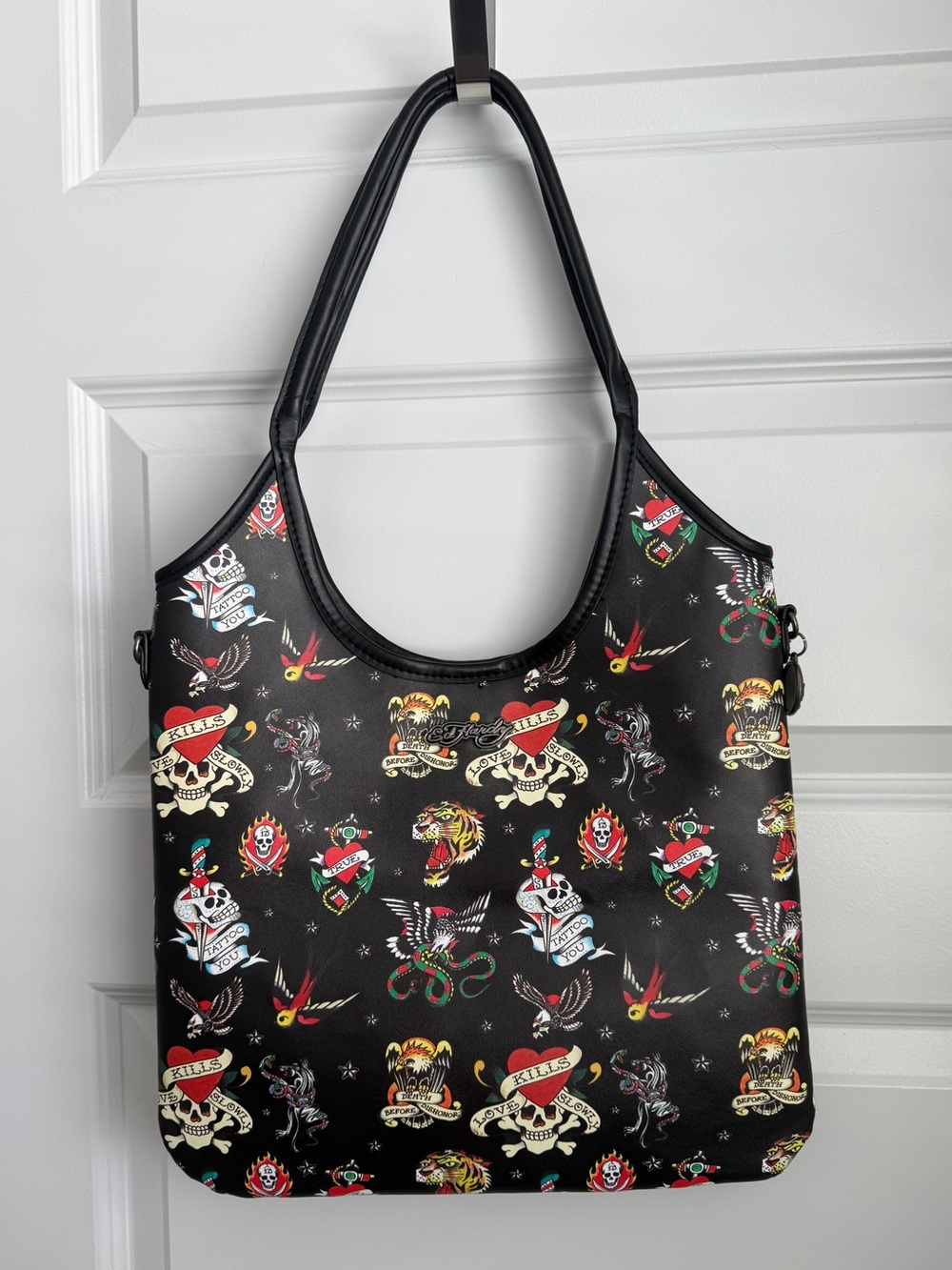 Ed Hardy Black Tattoo Skull Shoulder Bag Large Tote Love Kills Slowly Grunge